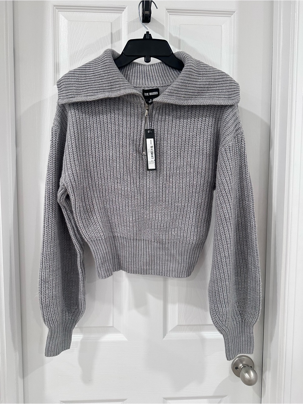 Steve Madden Light Gray Ribbed Half-Zip Turtleneck Sweater